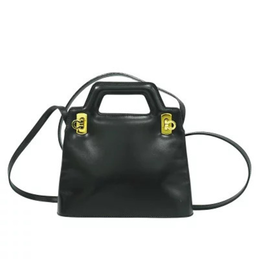Salvatore Ferragamo Gancini Pouch Leather 2Way Shoulder Bag Black